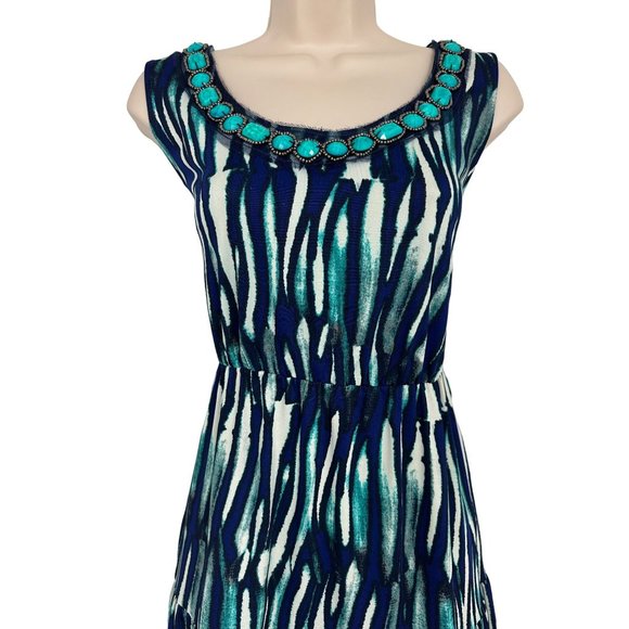 Size XL X-LARGE TURQUOISE EMBELLISHED NECKLINE SUMMER‎ DRESS Wedding Vacation - Picture 2 of 5
